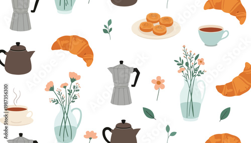 A coffee pot and croissant illustration with flowers on a white background