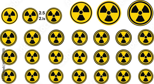 Yellow And Black Radioactive Warning Symbol Collection Featuring Circular Radiation Hazard Icons For Industrial Safety And Nuclear Caution Signs