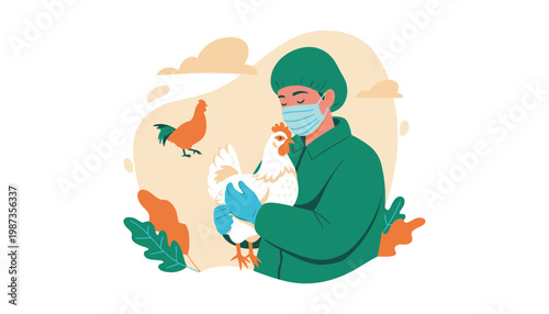Veterinarian wearing protective gear holding a chicken in a farm setting