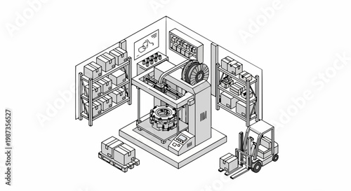 Isometric Industrial 3D Printer in a Modern Warehouse with Forklift and Storage Racks for Additive Manufacturing