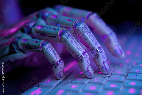 Robotic hand typing on glowing keyboard with futuristic purple lights