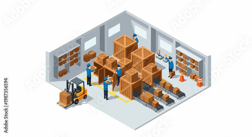 Isometric Warehouse Logistics Management Illustration with Workers, Forklift, and Shipping Crates
