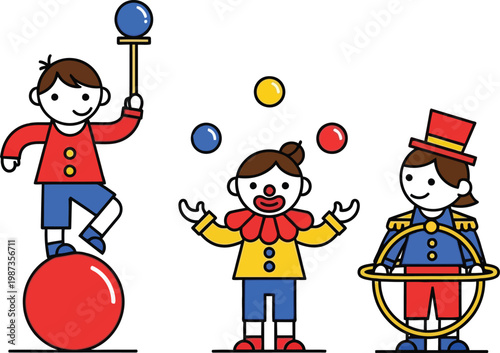 Circus Performers: Juggler, Acrobat, Ringmaster with Colorful Props