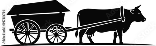 Vintage black and white illustration of an ox drawn cart