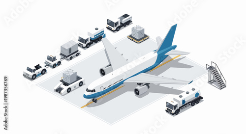 Isometric Airplane at Airport Terminal with Ground Support Equipment, Cargo Vehicles, and Fuel Truck for Aviation Logistics and Air Transport Concept