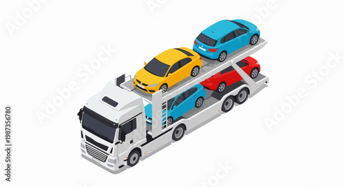 Isometric Car Transporter Truck Delivering New Vehicles on White Background
