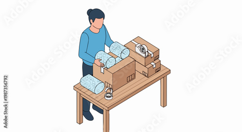 Isometric Illustration of a Woman Packing Goods in Cardboard Boxes with Bubble Wrap and Tape on a Wooden Table for Shipping, Logistics, and E-commerce