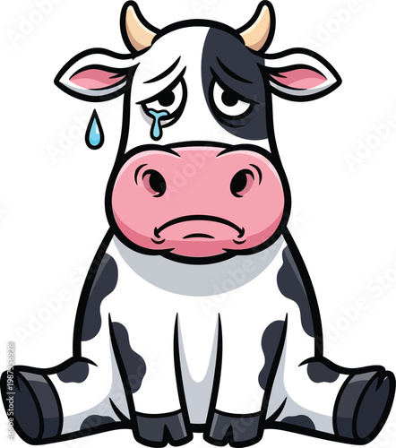 Sad cartoon cow illustration a depressed bovine with a single tear