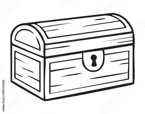 Wooden treasure chest closed with lock, handdrawn black outline, weathered planks, metal latch, curved lid, rustic texture suggesting pirate loot or antique collectible, monochrome illustration ideal