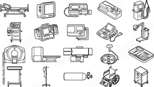 Collection of medical equipment, showcasing a range of tools and instruments used in healthcare. The image is a detailed illustration focusing on individual medical devices.