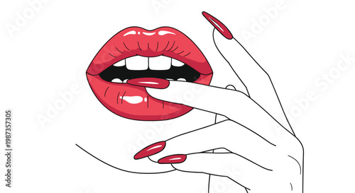 Close up of a woman's open mouth with red lips and fingers with long red pointed nails touching the lip on a white background.