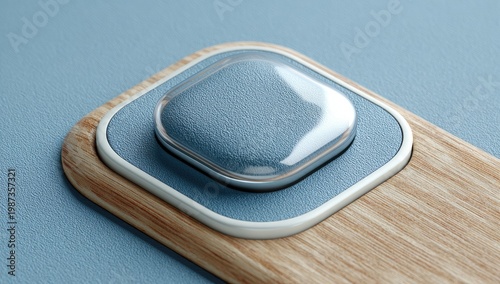 Close-up of a modern abstract form with textured blue and wood materials