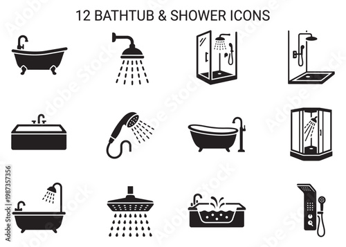 Set of 12 bathtub and shower icons bathroom interior design modern home appliances vector.