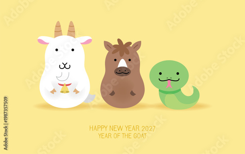 Chinese zodiac animals figurines goat horse snake. Haapy chinese new year of the Goat 2027 celebration's greetings card template.