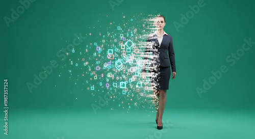A stylish woman, her form dissolving into a digital cloud against a vivid green backdrop