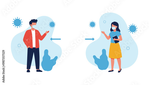 A man and woman wearing face masks and maintaining social distance