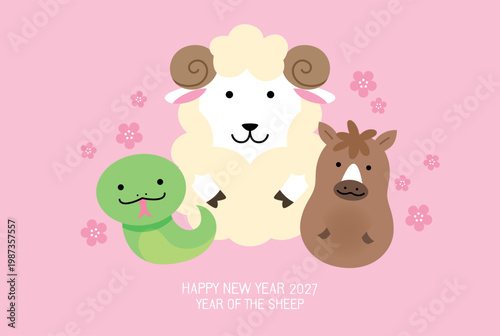 Zodiac animals figurines for zodiac sheep year. Year of the Sheep or Ram 2027 horizontal greetings card template. Cute chinese zodiac sheep, snake and horse.