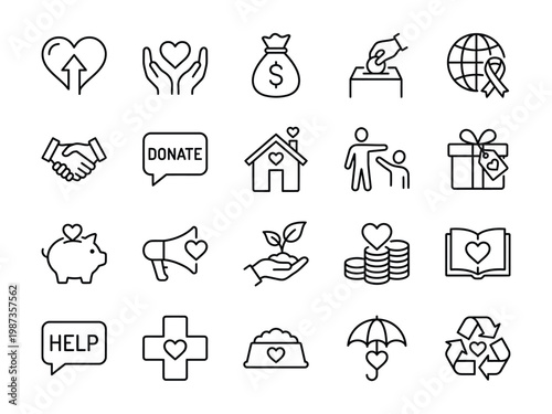 Outline vector icons representing charity donation help social support concepts for non profits and fundraising with ballot box piggy bank pet food non profit icon set donation fundraising