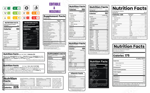 Nutrition label, nutrition facts, Supplement facts, Nutrition facts template,Editable Nutrition Fact Vector  Set  for own business and food packaging. 