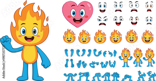 Cute Cartoon Fire Flame Character Creator Set with Different Faces, Expressions, Body Parts, and Poses Animation Vector Illustration