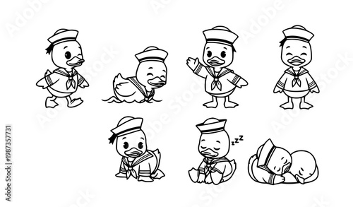 Cute cartoon ducklings sailor vector set with black and white baby ducks in playful poses for kids illustration
