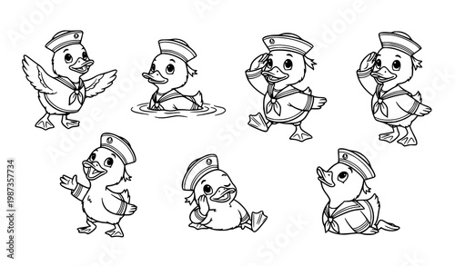 Black and white duckling sailor characters line art set with expressive baby ducks in different actions