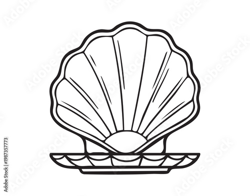 Open scallop shell revealing luminous pearl, minimalist line art illustration with monochrome silhouette, smooth curves and clean outline conveying coastal luxury and treasure symbolism