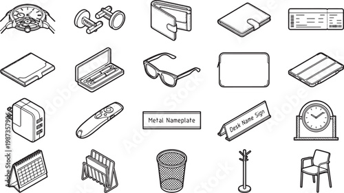 Illustration of essential office supplies and accessories, meticulously arranged, representing order and efficiency. The composition highlights details of items in a clean, professional environment.