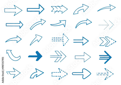 A collection of blue arrows on a white background isolated on transparent background