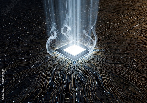 Computer chip with glowing energy and intricate circuits, symbolizing innovation and technology