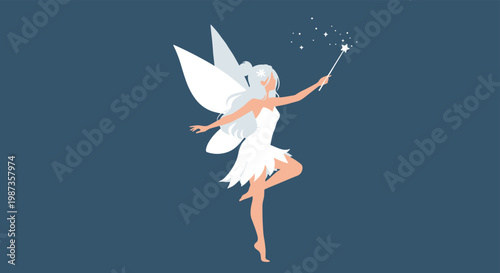 Beautiful fairy with wings and a magic wand dances gracefully in front of a dark blue background creating a magical atmosphere.