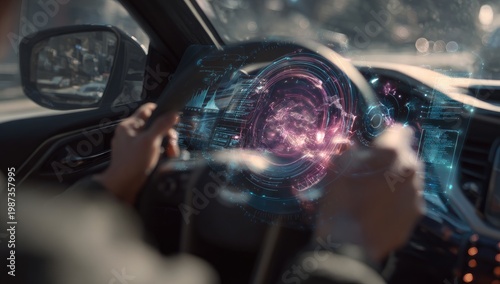 Futuristic holographic dashboard interfaces glow within a car