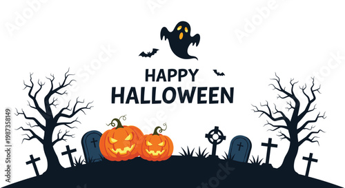 Spooky Halloween illustration features carved pumpkins, a ghost, bats, and bare trees in a graveyard setting with festive text.