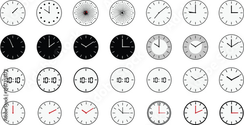 Large collection of analog and digital clock icons in various styles for time management business planning and schedule organization concepts.