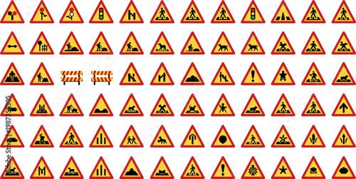 Large collection of yellow warning road signs icons set featuring  work pedestrian crossing traffic signal and safety hazard symbols for urban transportation highway infrastructure navigation design