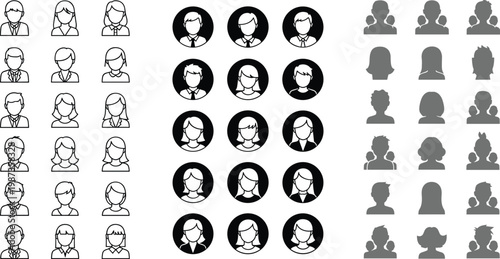 Large collection of professional user avatar icons featuring diverse male and female characters in outline, circle, and silhouette styles.