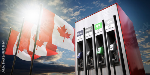 Photos Canada - gasoline and diesel dispencer with national flags - 3D illustration