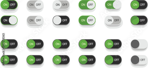 Large collection of on and off toggle switch vector icons in various styles for user interface design and application settings.