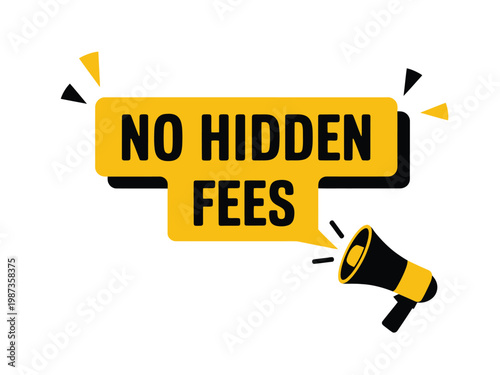 No hidden fees announcement with a megaphone illustration in bold colors