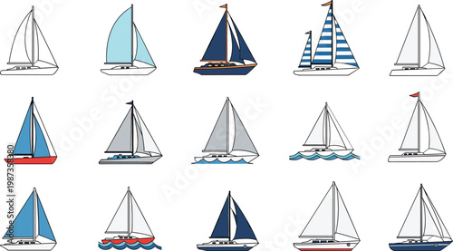 Large collection of sailboat vector icons in various colors and styles for summer vacation maritime travel and nautical transportation designs