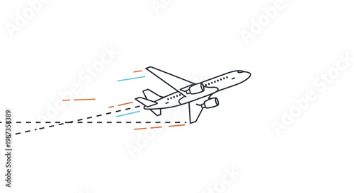 Illustration of a passenger airplane taking off with motion lines behind it is presented on a clean and white background.