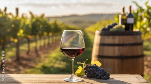 Red Wine Glass in Vineyard at Sunset with Grapes and Barrel, Scenic Countryside Landscape