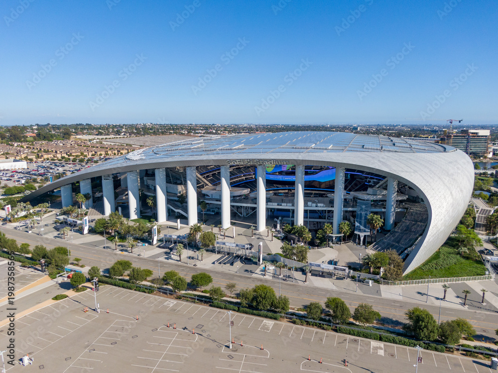 Fototapeta premium Aerial Drone View of SoFi Stadium and Empty Parking Lot in Inglewood, California