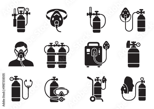 Medical oxygen cylinder and breathing mask equipment for healthcare vector illustration components.