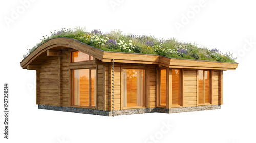 Charming wooden hut with green roof isolated on transparent background