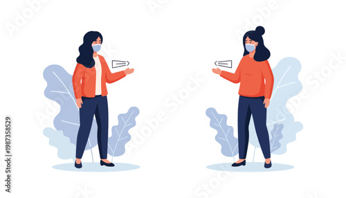 A woman wearing a face mask holding a megaphone in illustration style