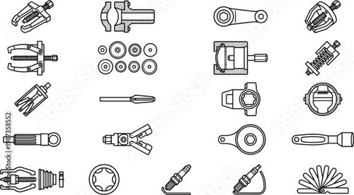 A meticulous collection of mechanical components, meticulously outlined, perfect for an industrial or educational project.