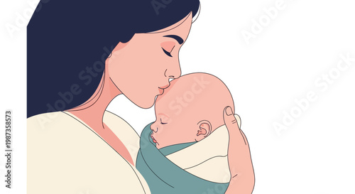 Tender moment of mother kissing baby.