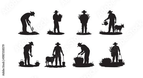 Silhouettes of farmers engaged in various agricultural activities, illustrating traditional farming practices and rural work.