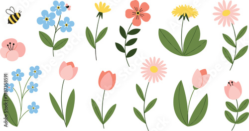 Cute Flat Style Spring Flower Collection with Tulip, Daisy, Dandelion, Forget Me Not, and Bee Botanical Nature Vector Illustration Set